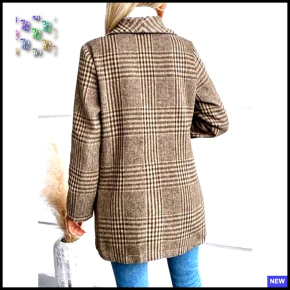 Vintage Plaid Wool Blend Blazer Coat Elegant Shawl Collar Retro Chic Office Wear - Picture 3 of 5